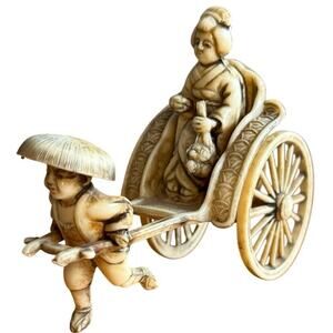 Vintage 1930s Prewar Japan Celluloid Man Pulling Geisha Rickshaw Figurine